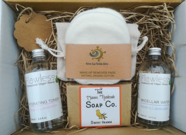 Gift Box containing Hydrating Toner, Micellar Water, 3 Makeup Remover Pads and Sweet Orange Soap Bar