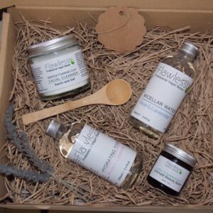 ecological gift box with clay facial cleanser, bamboo spoo, micellar water, hydrating toner and beauty balm