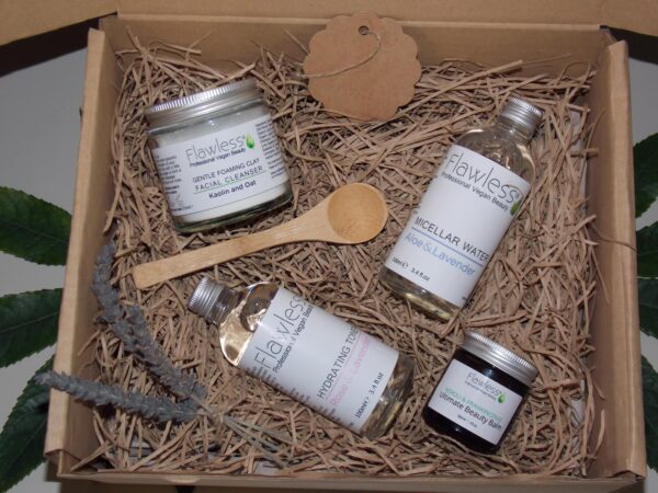 ecological gift box with clay facial cleanser, bamboo spoo, micellar water, hydrating toner and beauty balm