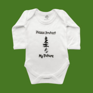 White long sleeve baby bodysuit with the words please protect my future and a picture of planet earth and a tree printed on the front set on a green background