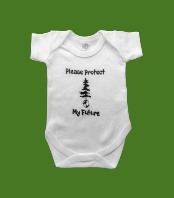 White baby short sleeve bodysuit with the words Please Protect My Future, planet earth and a tree printed on the front set on a green background