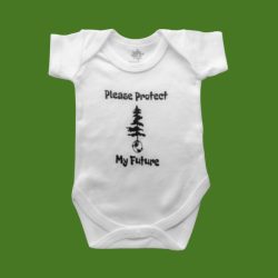 White baby short sleeve bodysuit with the words Please Protect My Future, planet earth and a tree printed on the front set on a green background